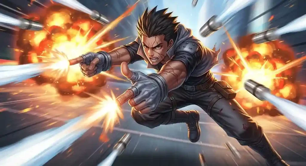 Anime fighter using finger guns air bullets emitter quirk rapid attack