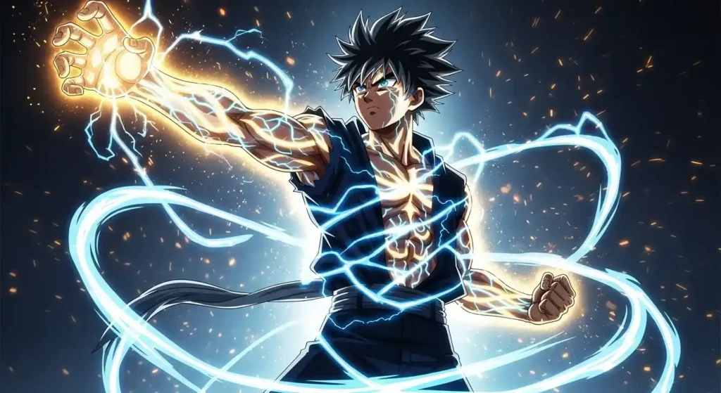 Anime full power transformation glowing veins electric aura hero stance