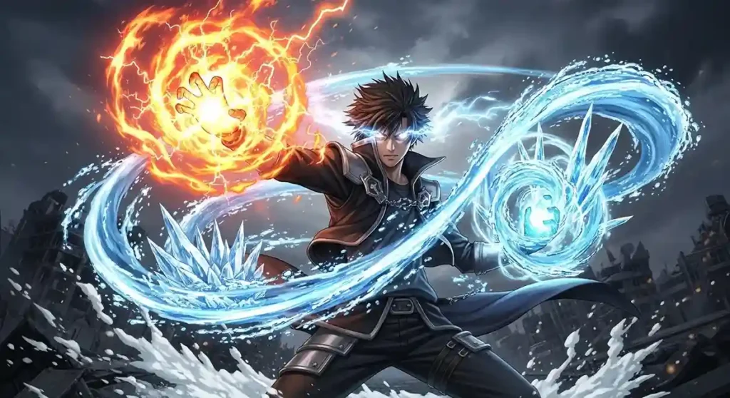 Anime hero controlling fire lightning ice and wind elemental emitter powers