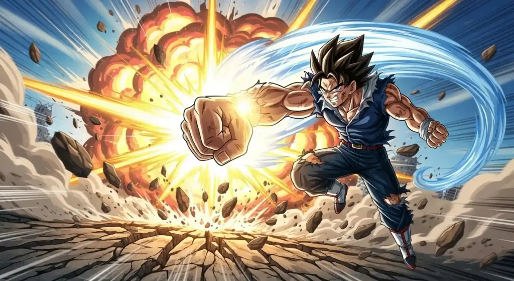Anime hero punch shockwave explosion ground crack debris flying