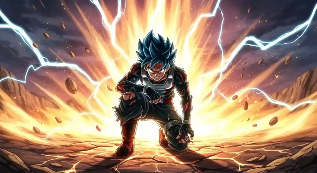 Anime hero quirk awakening transformation with powerful energy explosion aura