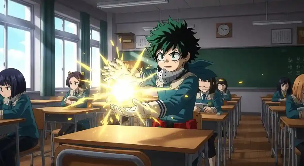Anime hero using emitter quirk with glowing energy hands in My Hero Academia