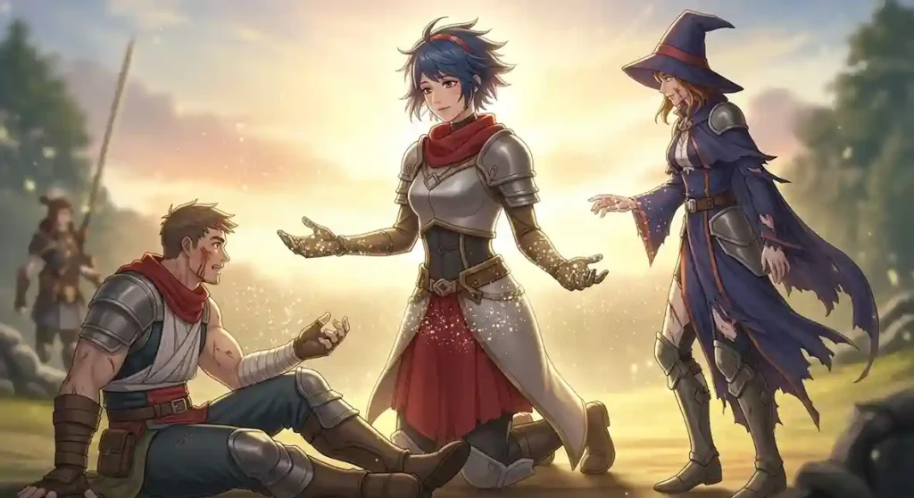 Anime support hero healing allies with glowing aura emitter quirk ability