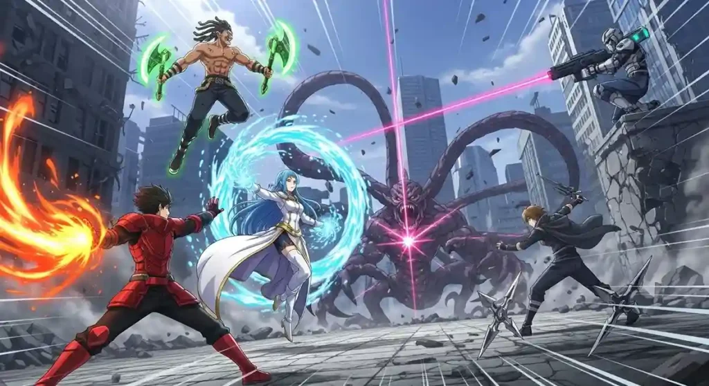 Anime team battle with emitter quirks teamwork energy attacks and strategy