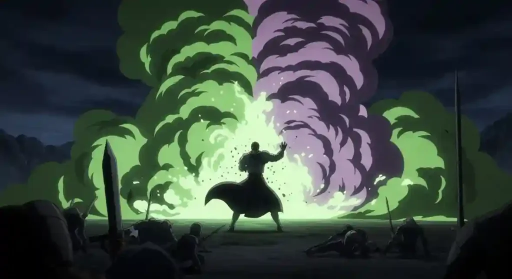 Anime villain releasing toxic gas and poison smoke emitter quirk attack
