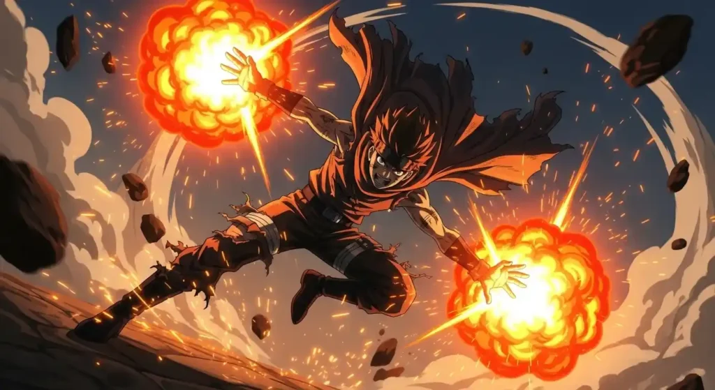 Bakugo explosion attack fiery sparks aerial combat anime scene