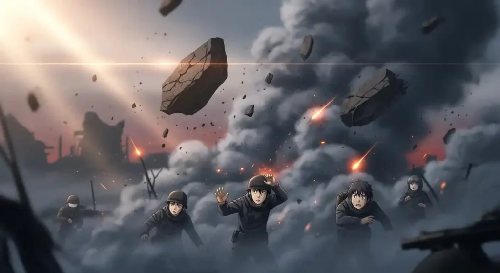 Battlefield smoke debris confusion tactical anime combat scene