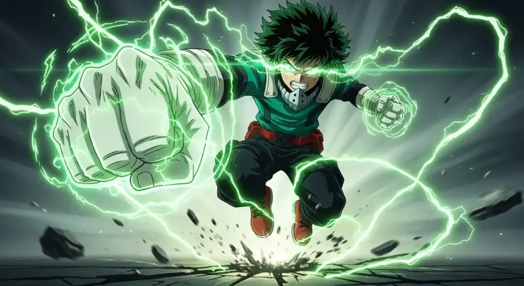 Deku green lightning mid air punch cracked ground Plus Ultra attack