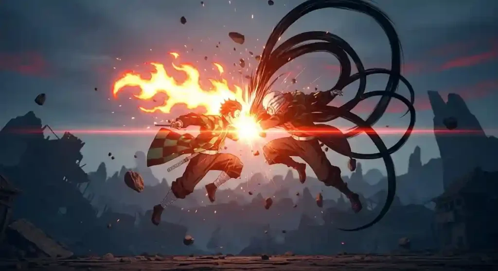Final battle Tanjiro vs Muzan Kibutsuji with Sun Breathing flames and dark shadows