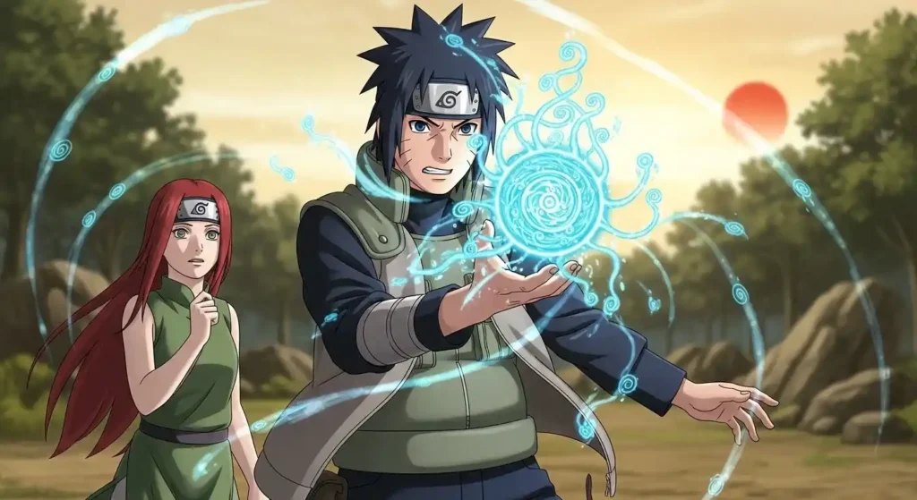 Minato Namikaze creating Rasengan for the first time with glowing chakra sphere, origin of Rasengan technique in Naruto