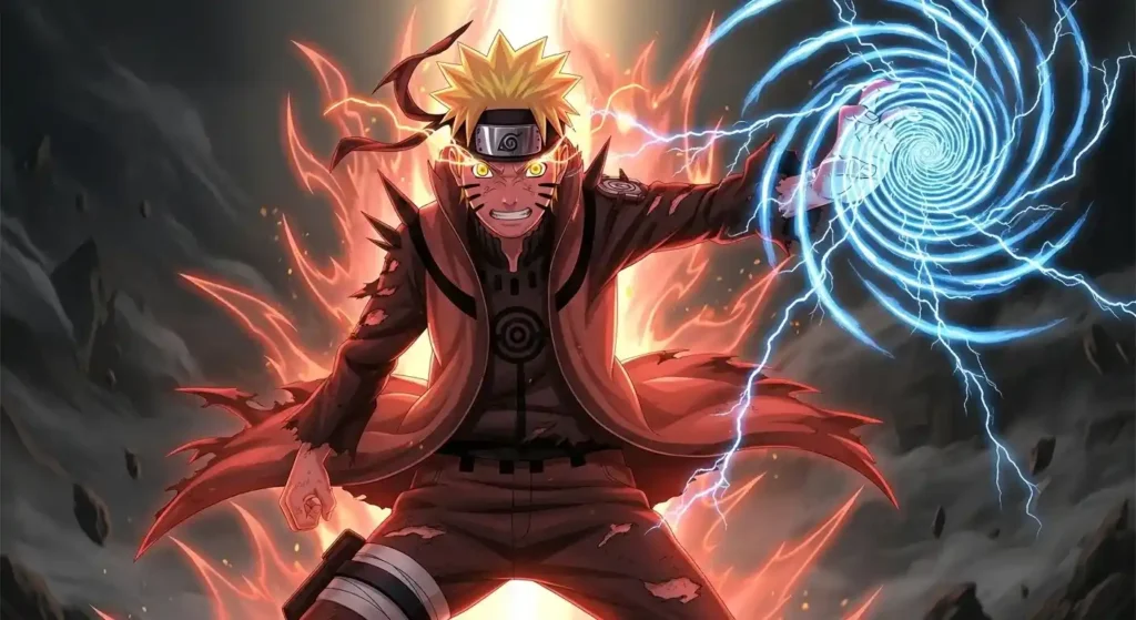 Naruto Baryon Mode Rasengan with intense red energy flames, ultimate Rasengan evolution in Naruto
