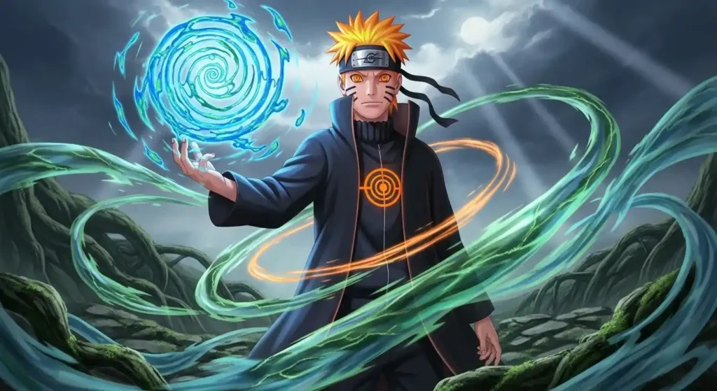 Naruto Sage Mode Rasengan with natural energy aura and orange eyes, Senjutsu Rasengan form in Naruto