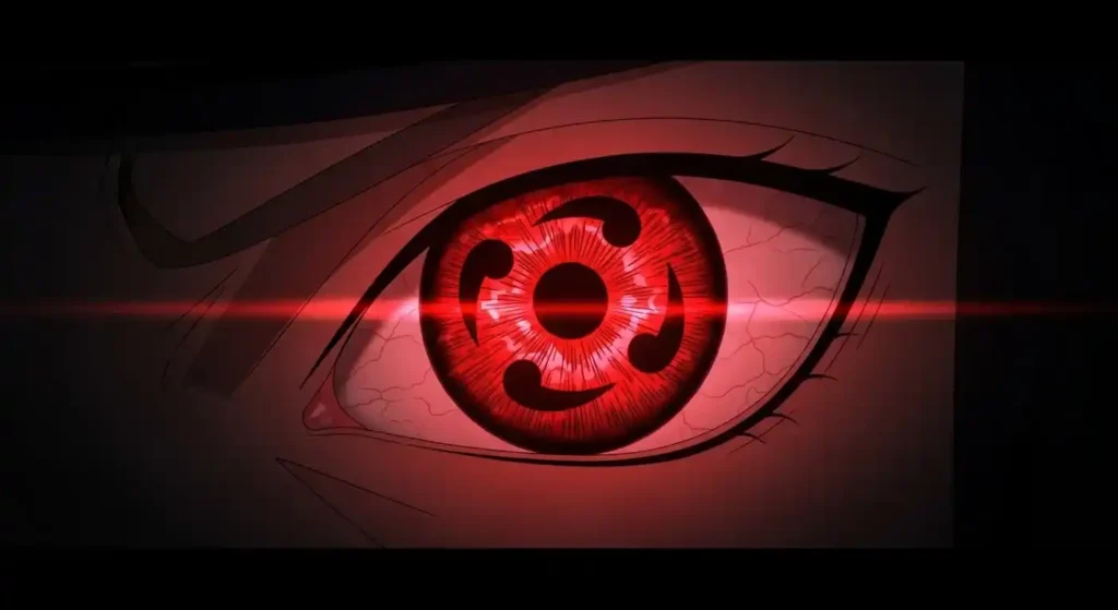 Naruto Sharingan eye close up with three tomoe glowing red Uchiha clan dojutsu