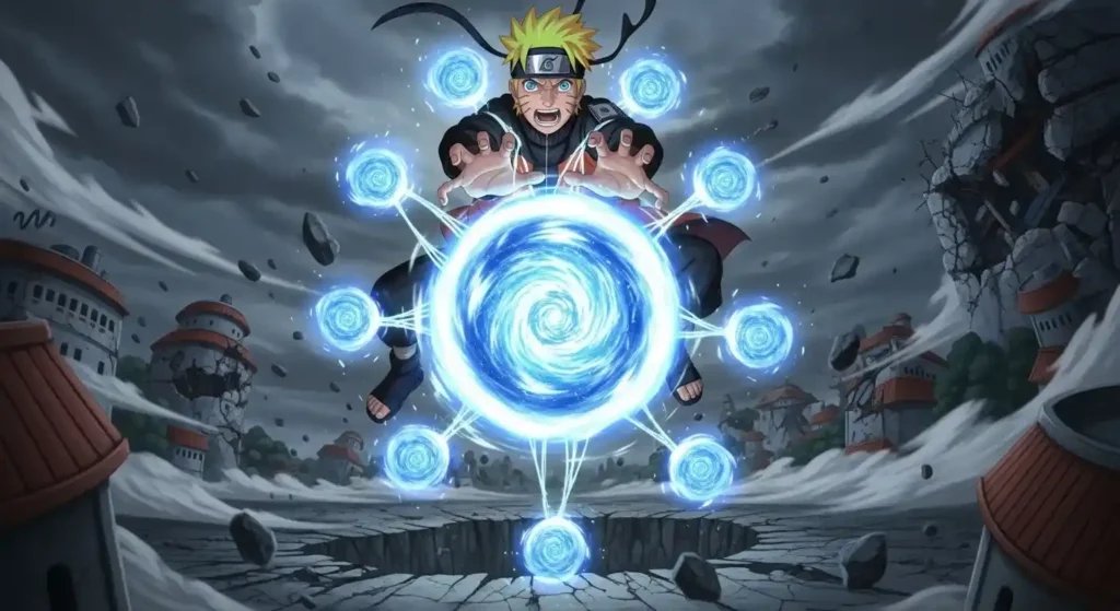 Naruto creating Planetary Rasengan with multiple orbiting spheres, advanced tailed beast Rasengan form