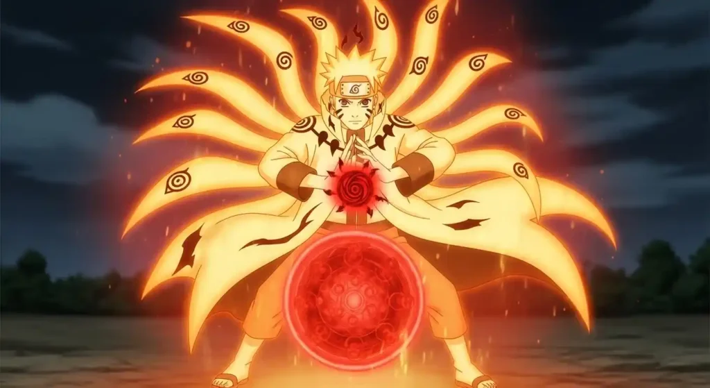 Naruto in Nine Tails Chakra Mode forming powerful red orange Rasengan with Kurama chakra cloak