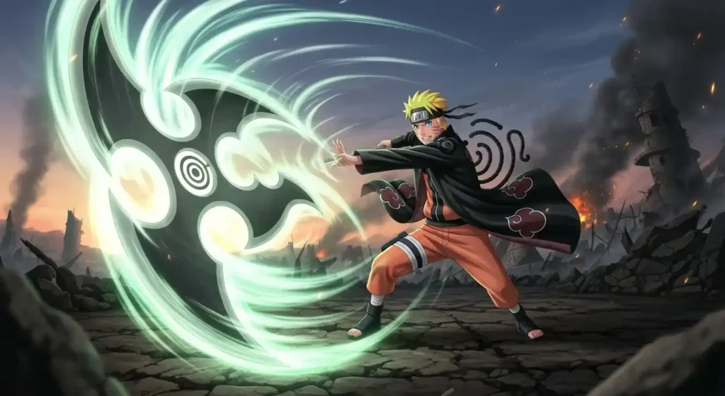 Naruto launching Wind Release Rasenshuriken, giant spinning chakra shuriken, advanced Rasengan variant explained