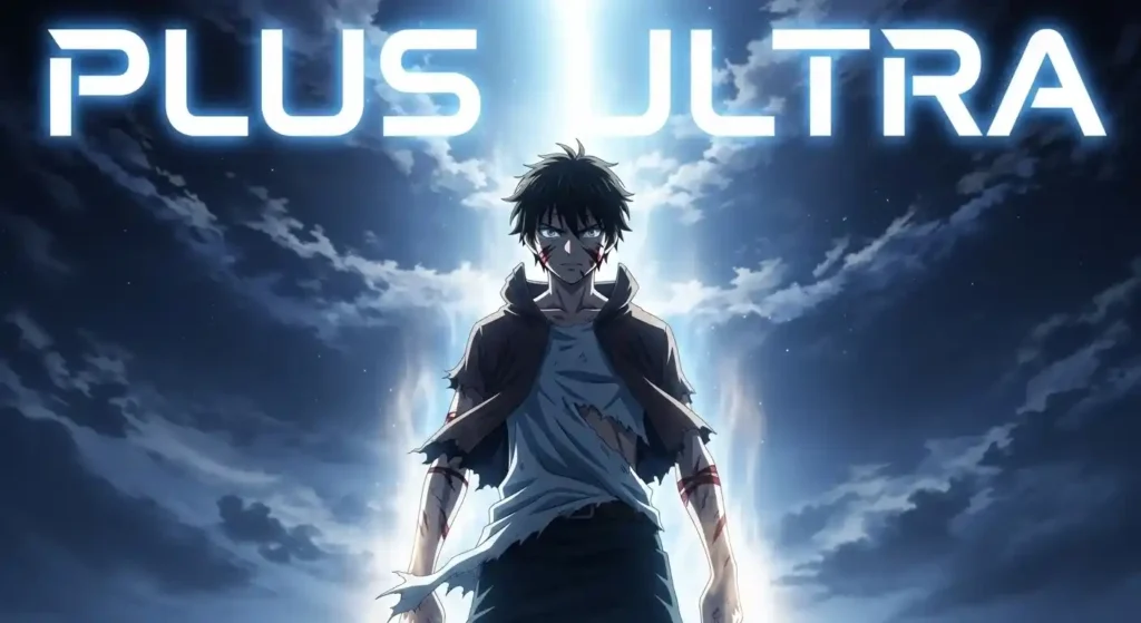 Plus Ultra hero standing under glowing sky with energy aura My Hero Academia