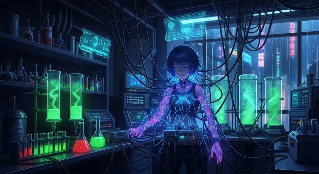 Sci fi anime lab quirk experiment energy tubes futuristic scene