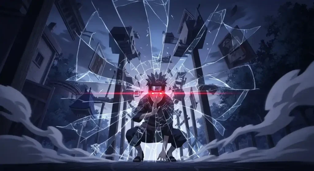 Sharingan genjutsu illusion scene mind control distorted reality glowing red eyes Naruto