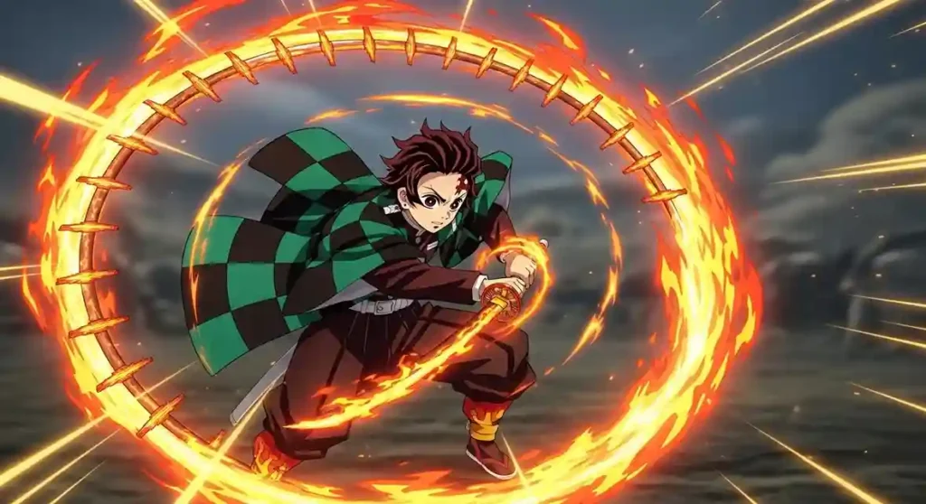 Tanjiro Kamado performing Sun Breathing 13th form with circular fire attacks
