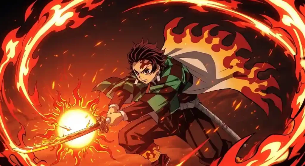 Tanjiro Kamado using Sun Breathing Hinokami Kagura with blazing flames in Demon Slayer