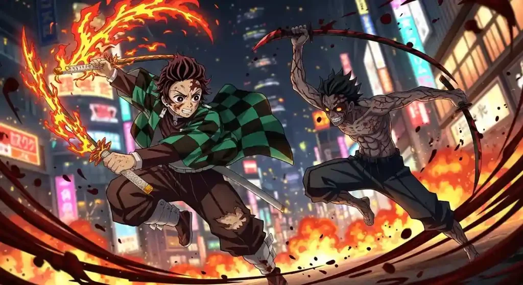 Tanjiro fighting Gyutaro in Entertainment District using advanced Sun Breathing techniques
