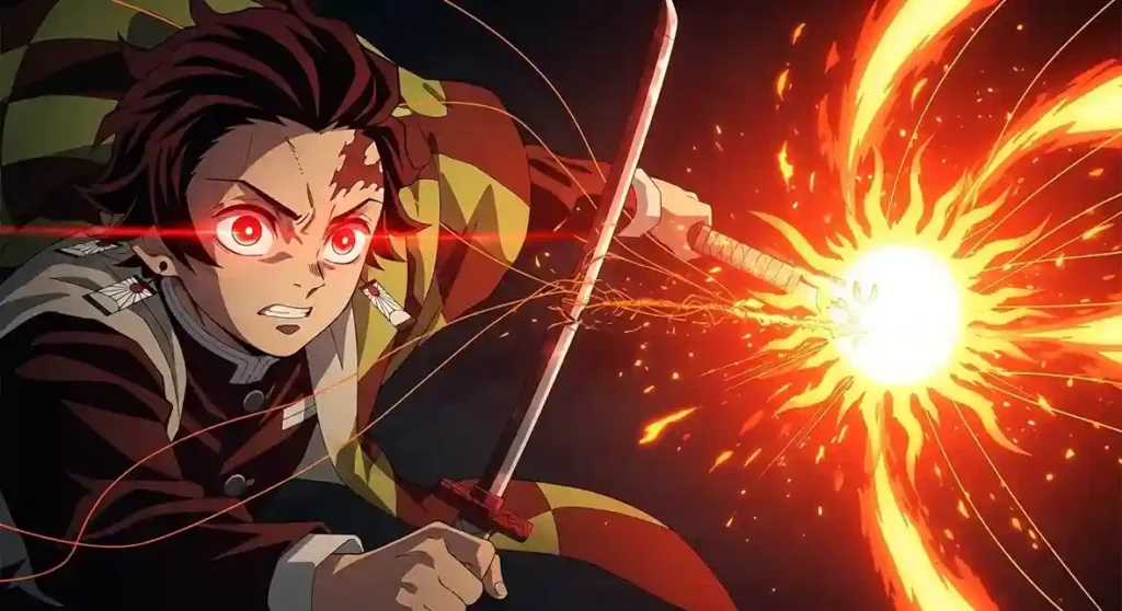 Tanjiro vs Rui battle scene awakening Sun Breathing power with fiery attack