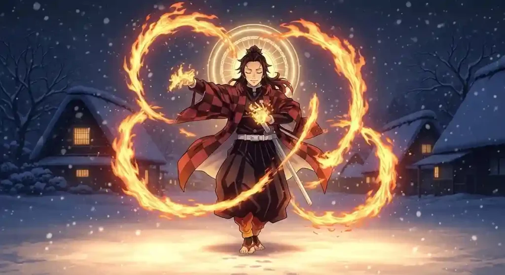 Tanjuro Kamado performing Hinokami Kagura fire dance in snowy village at night