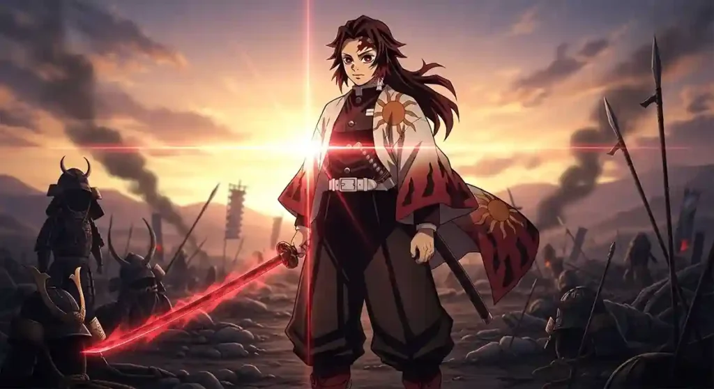 Yoriichi Tsugikuni with glowing Nichirin sword showcasing original Sun Breathing style