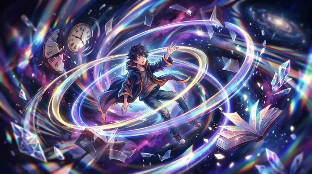Surreal anime scene showing space, time, and reality distortion powers with glowing energy and warped dimensions