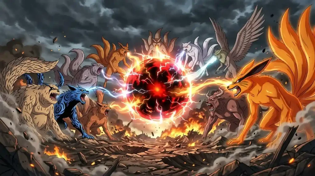 All tailed beasts forming massive Tailed Beast Ball bijuu bomb glowing energy battlefield destruction anime