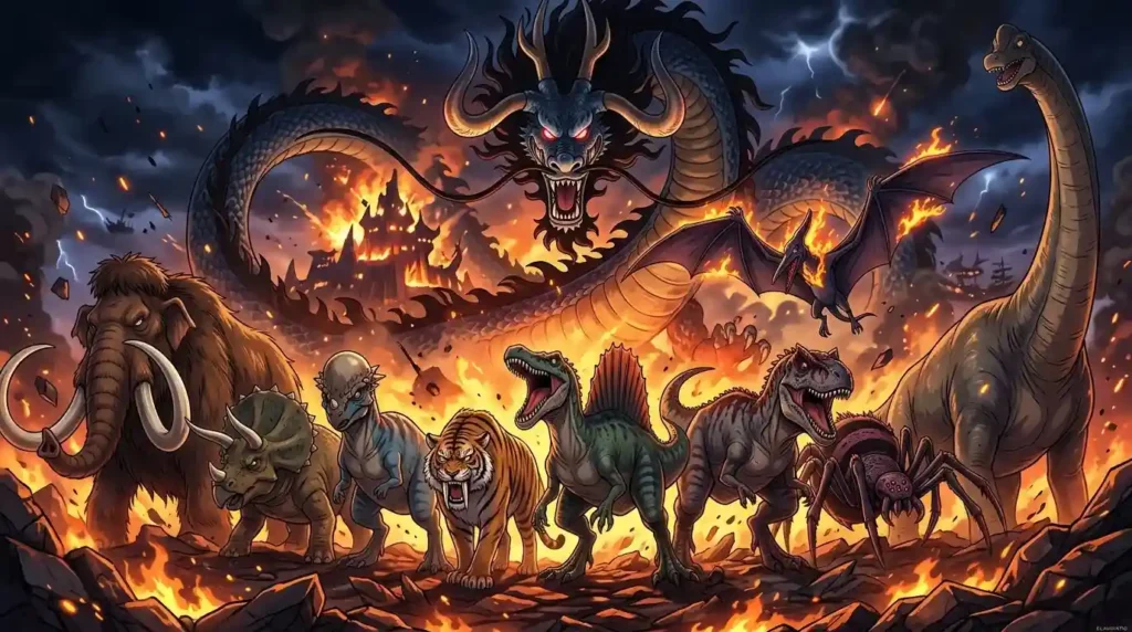 All Ancient Zoan Devil Fruit users from One Piece standing together during the Onigashima battle