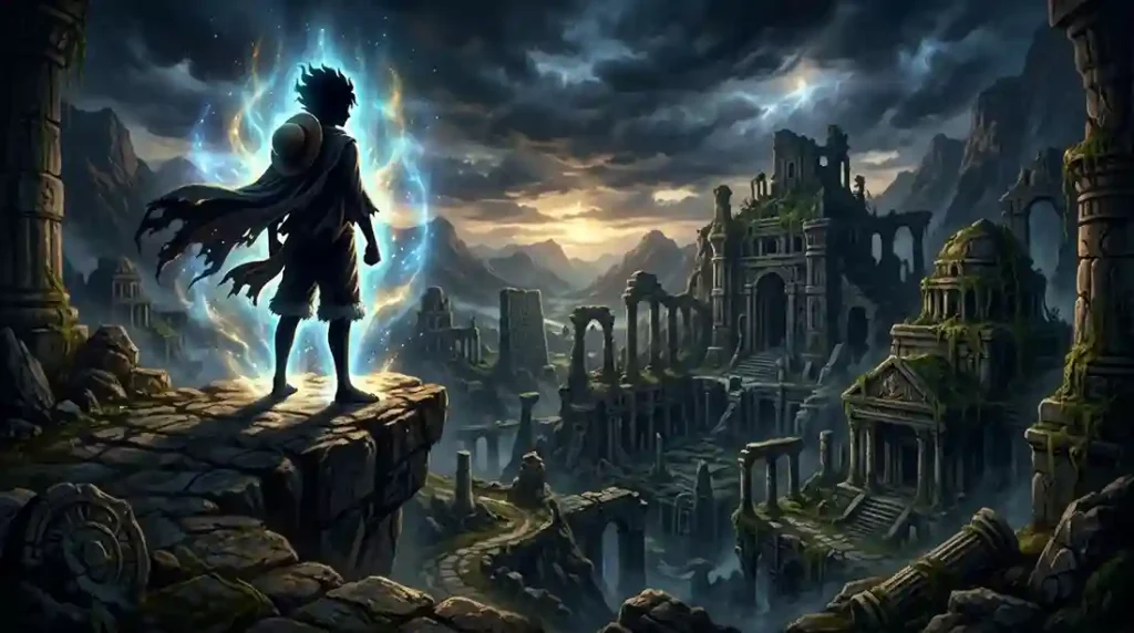 Mysterious Joy Boy silhouette with glowing aura in ancient ruins