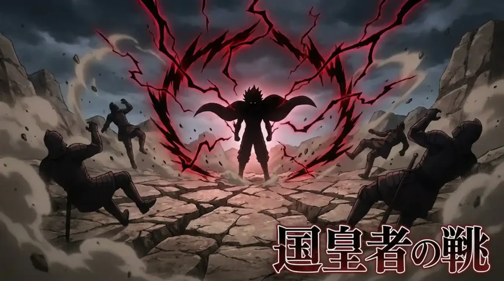 Anime character releasing Conqueror’s Haki with red black lightning and enemies collapsing