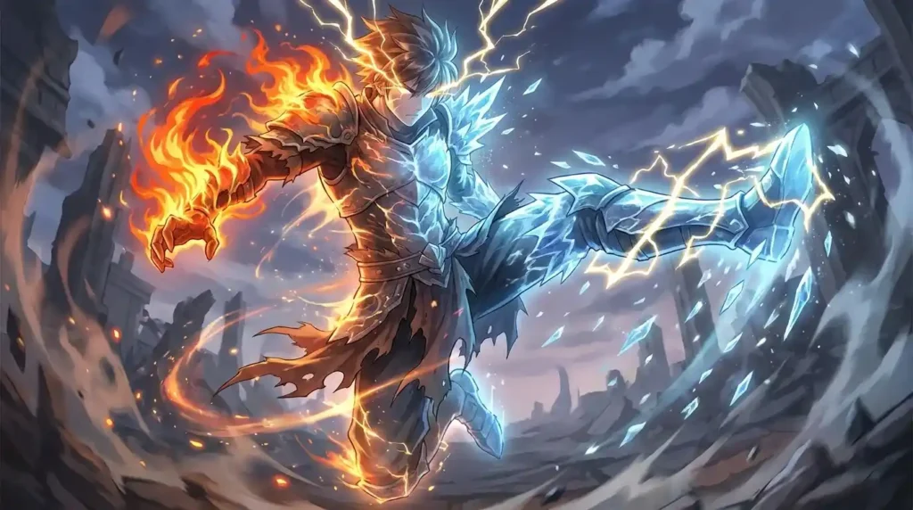 Logia user splitting body into fire, ice, and lightning showing elemental transformation and intangibility in anime style