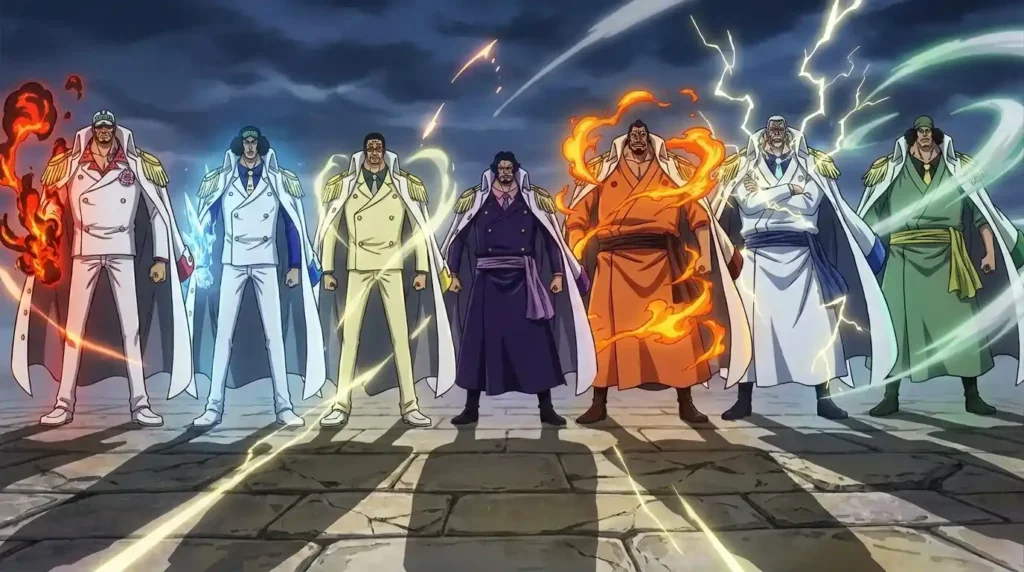 Strongest Logia users lineup with admirals and yonko surrounded by elemental powers in epic anime scene
