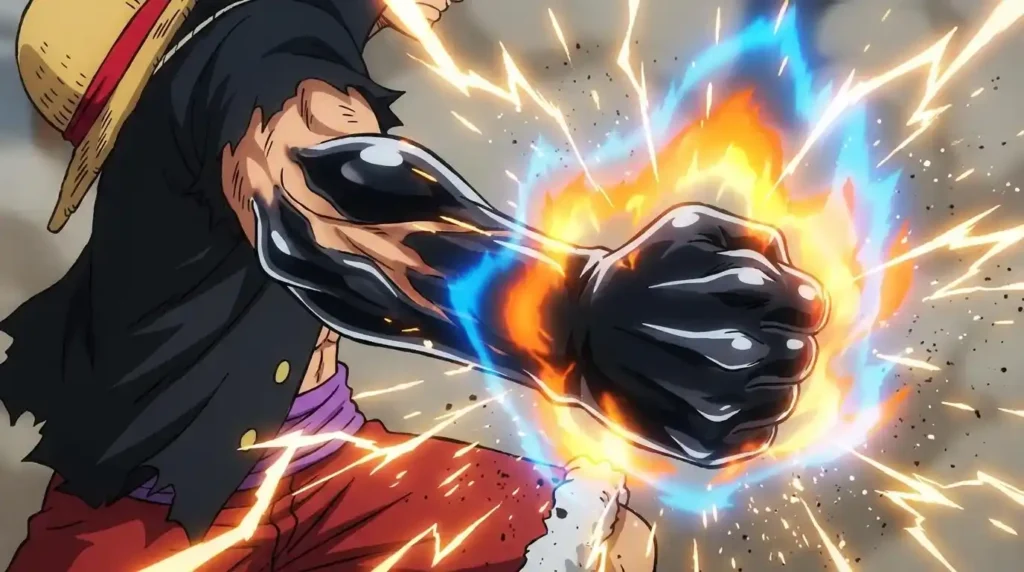 Close-up of arm coated in black Armament Haki with powerful punch impact and sparks