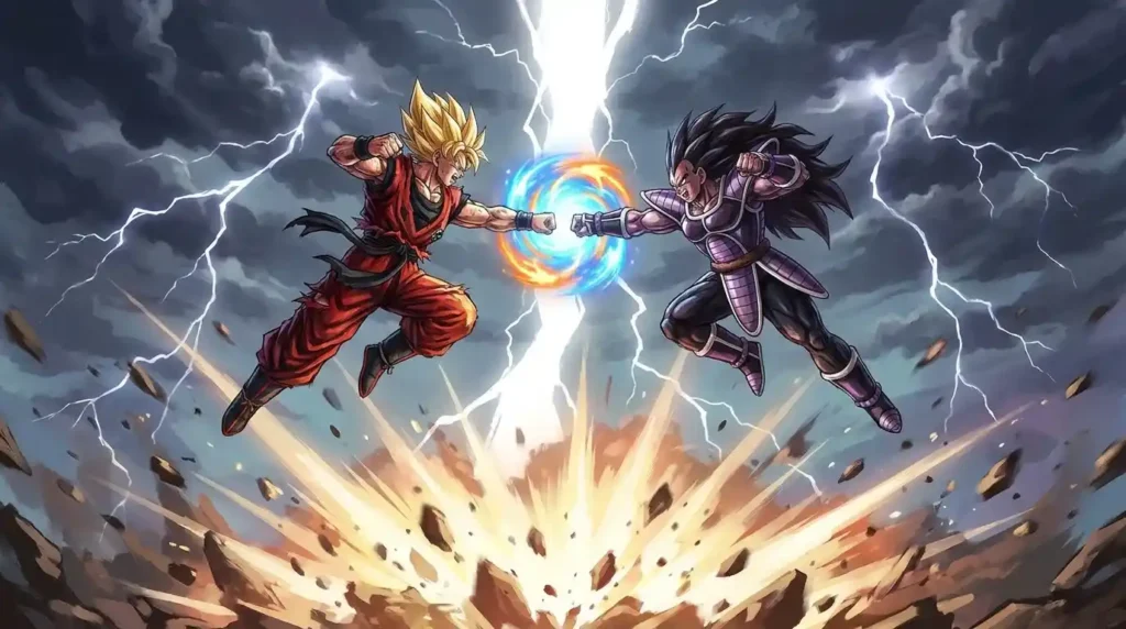 Two fighters clashing with Advanced Conqueror’s Haki creating sky splitting lightning and energy explosion
