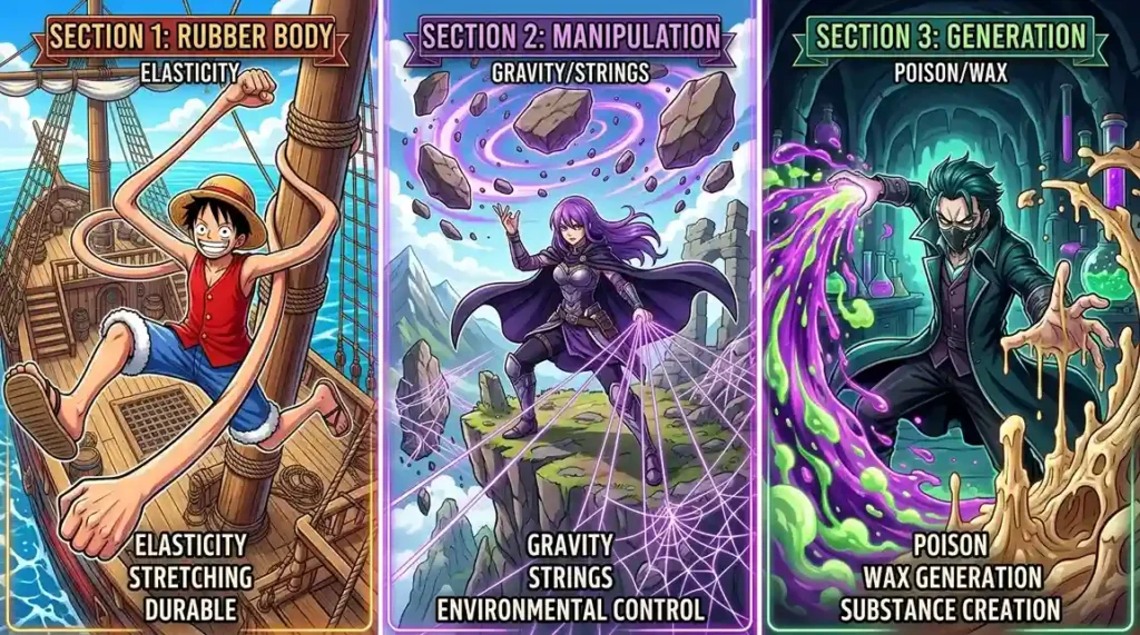 Paramecia Devil Fruit categories showing body alteration, environment manipulation, and substance generation in anime style illustration