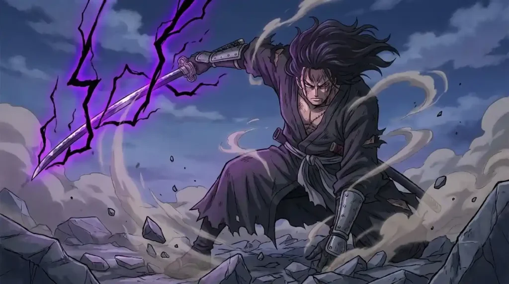 Swordsman using Conqueror’s Haki coating on sword with black lightning aura and intense battle stance