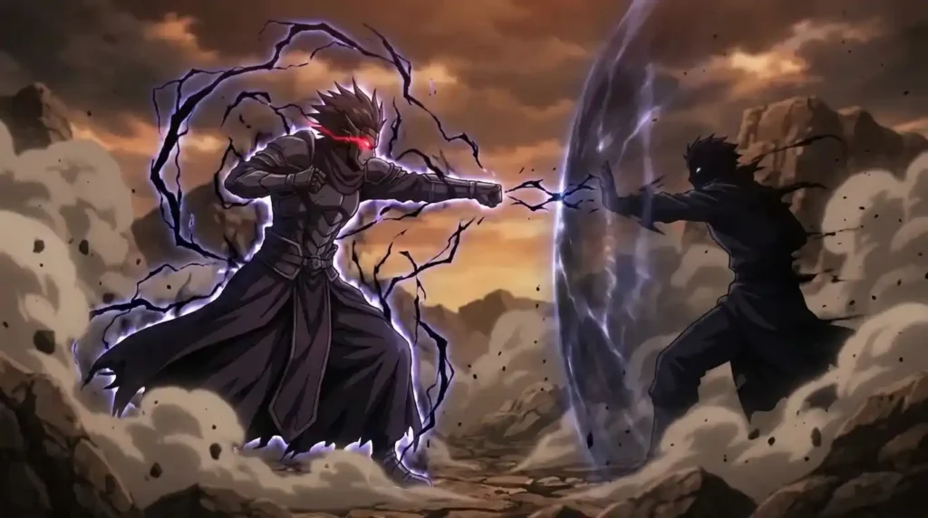 Warrior using Advanced Conqueror’s Haki with black lightning attacking without touching opponent