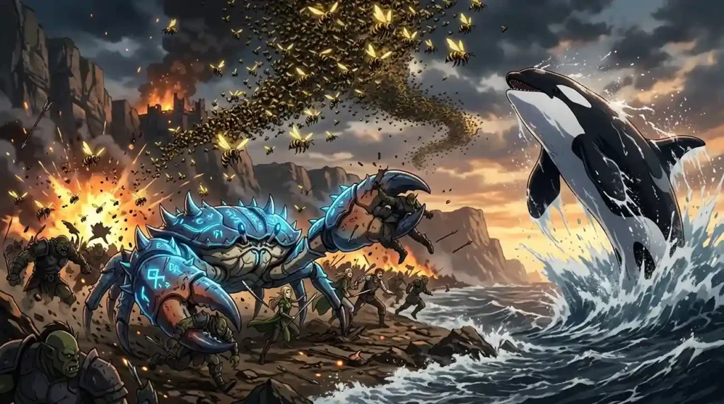 Anime battle scene with bee swarm attack, armored crab defense, and orca emerging from water battlefield