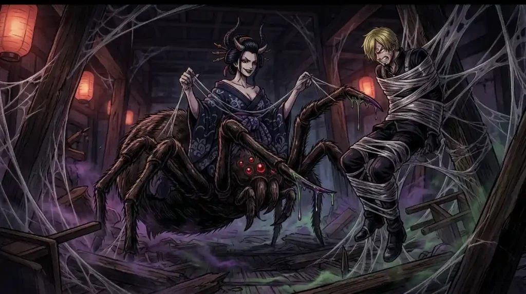 Black Maria giant spider hybrid form trapping Sanji with sticky webs in One Piece