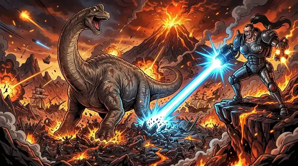 Queen using Ancient Zoan Brachiosaurus powers with cybernetic laser attacks in One Piece