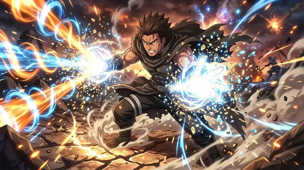 Anime character absorbing chakra attack with glowing hands and dispersing energy particles during battle