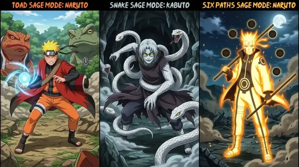 Comparison of Toad Sage Mode Naruto, Snake Sage Kabuto, and Six Paths Sage Mode Naruto in split anime composition