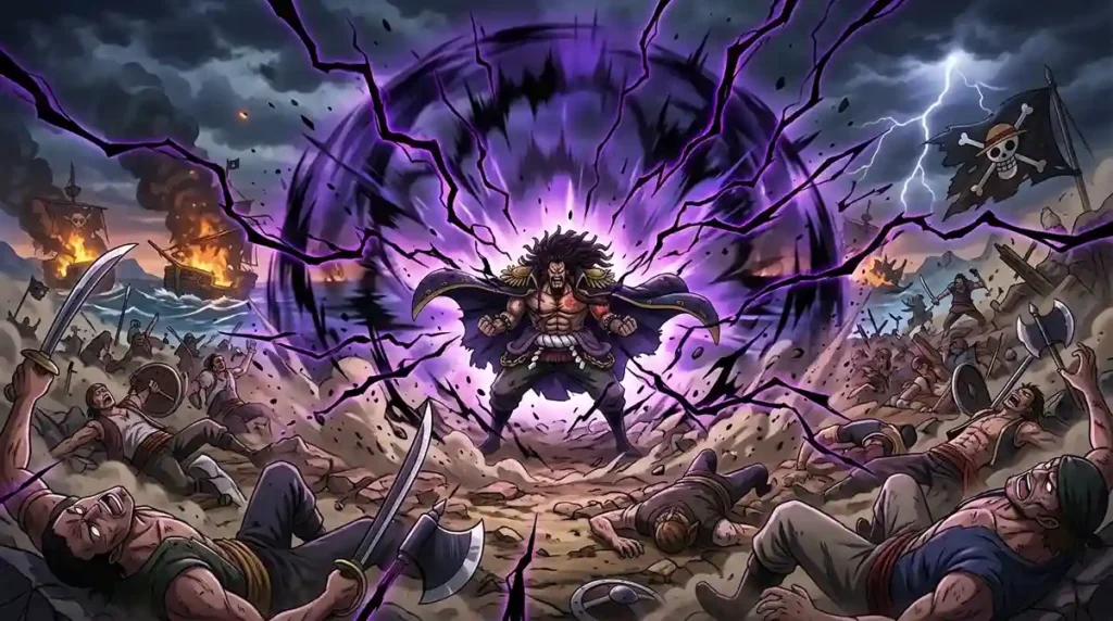Conqueror’s Haki dark aura with black lightning knocking out enemies across a Grand Line battlefield in One Piece.