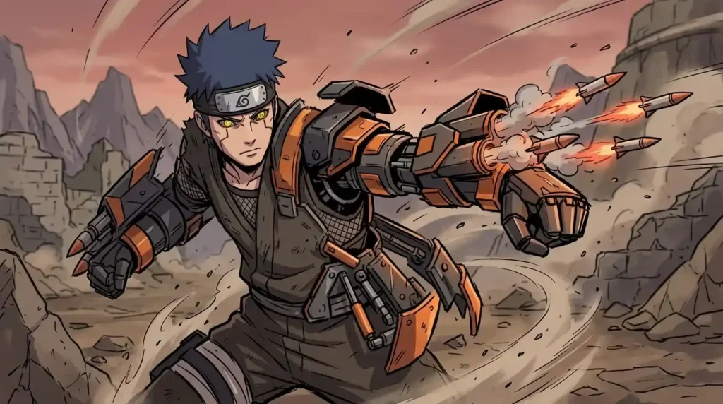 Asura Path transformation with mechanical arms, missiles, and cyborg body enhancements in Naruto style