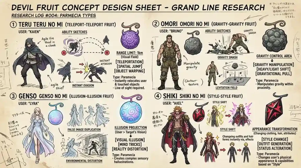 Original Paramecia Devil Fruit concept designs with sketches, abilities, and power diagrams in anime art style