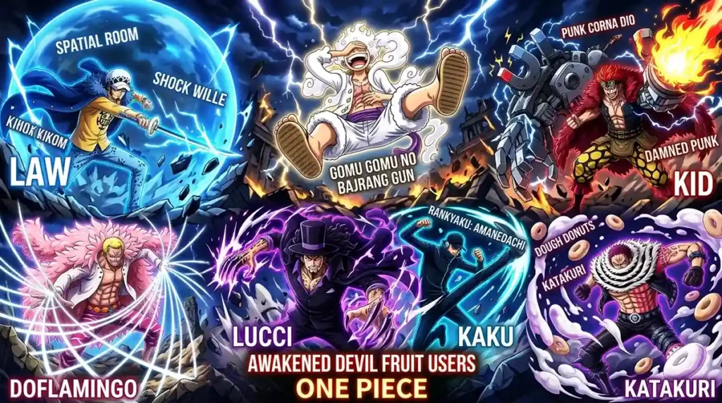 Epic collage of awakened Devil Fruit users in One Piece including Gear 5 Luffy, Law, Kid, Doflamingo, Katakuri, Lucci and Kaku with glowing aura and powers